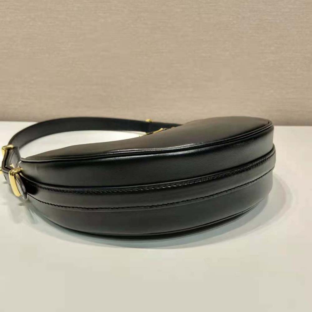 Prada Women Leather Shoulder Bag with Enameled Metal Triangle Logo-Black - image 7