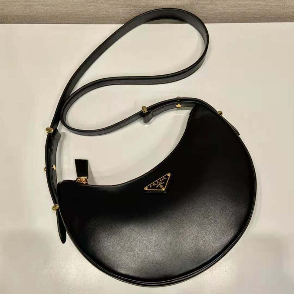 Prada Women Leather Shoulder Bag with Enameled Metal Triangle Logo-Black - image 6