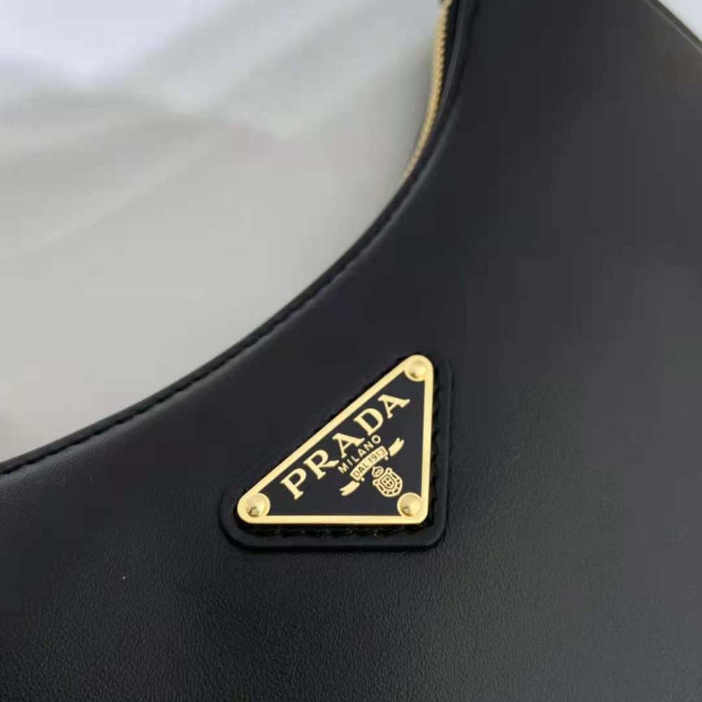 Prada Women Leather Shoulder Bag with Enameled Metal Triangle Logo-Black - image 8
