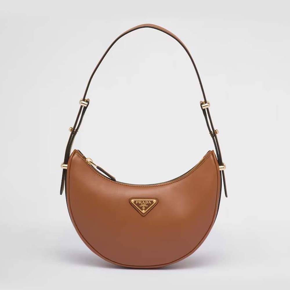 Front view of Prada Women Leather Shoulder Bag with Enameled Metal Triangle Logo-Brown