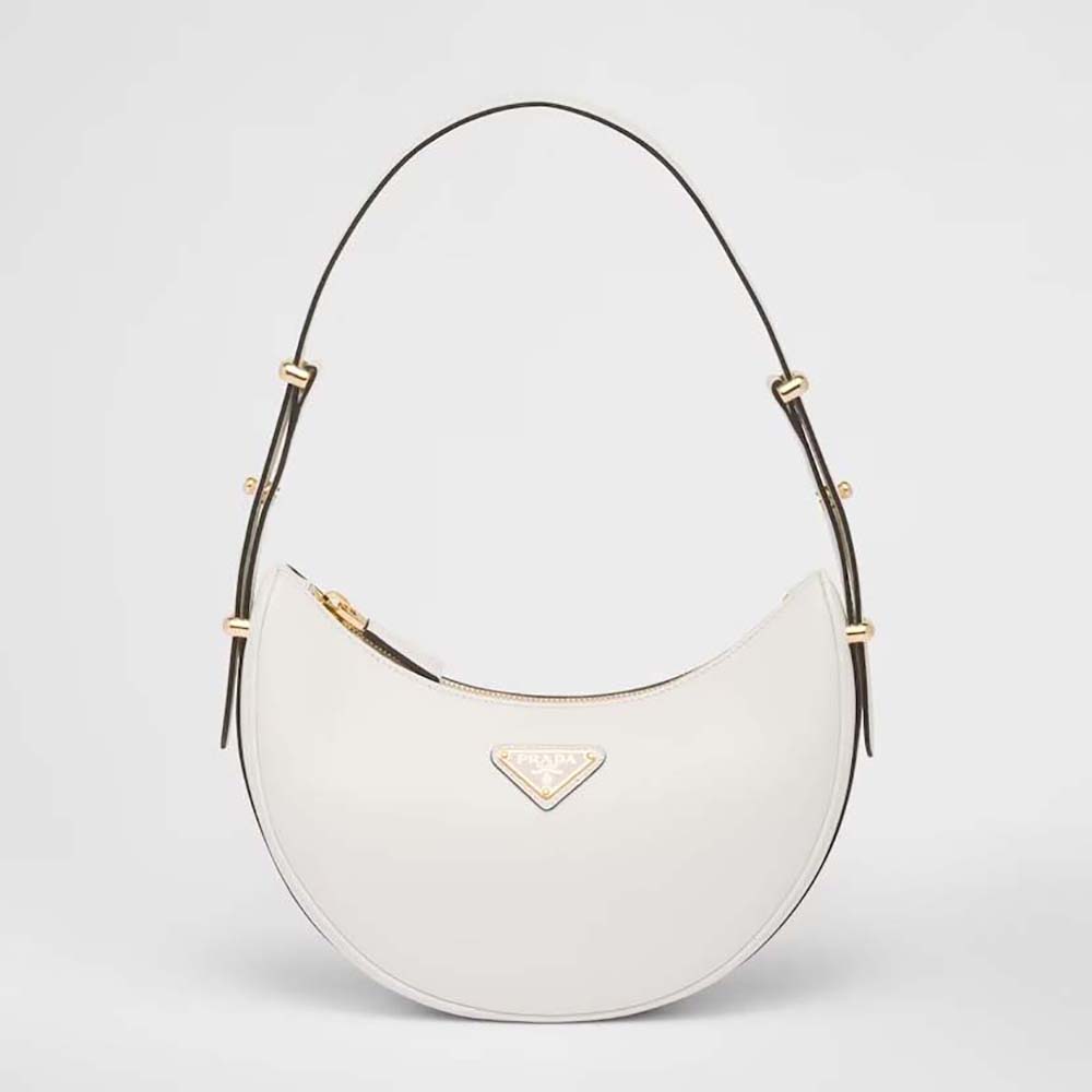 Front angle of Prada Women Leather Shoulder Bag with Enameled Metal Triangle Logo-White