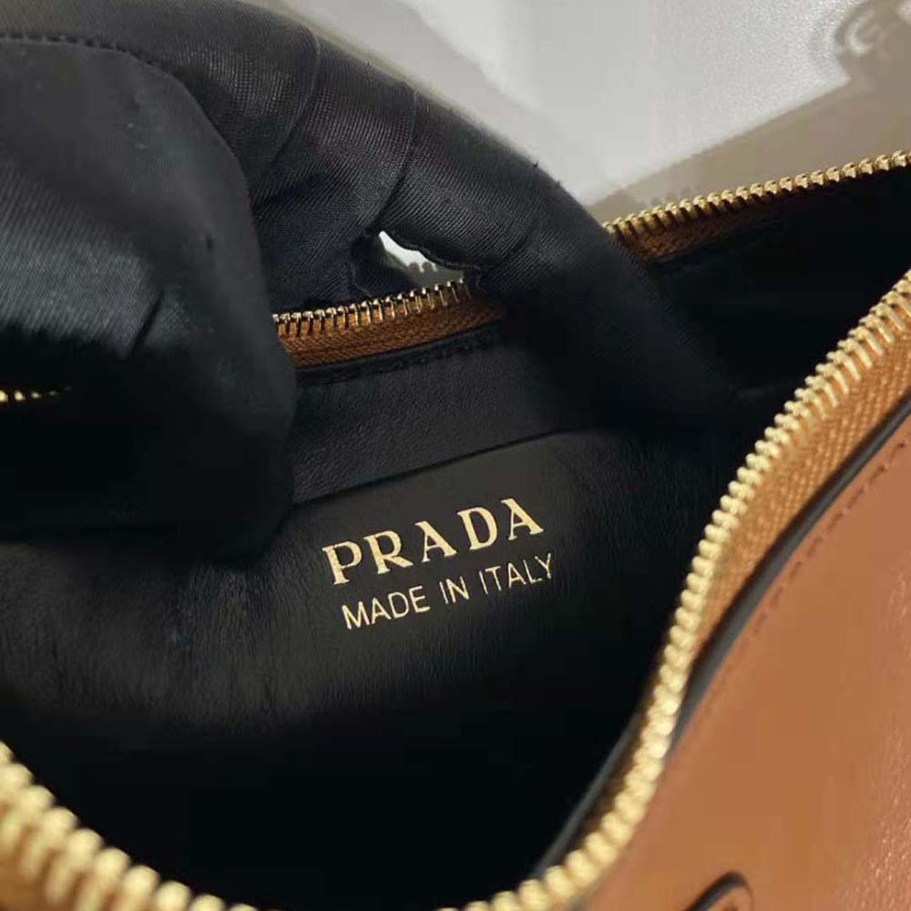 Prada Women Leather Shoulder Bag with Enameled Metal Triangle Logo-Brown - image 10