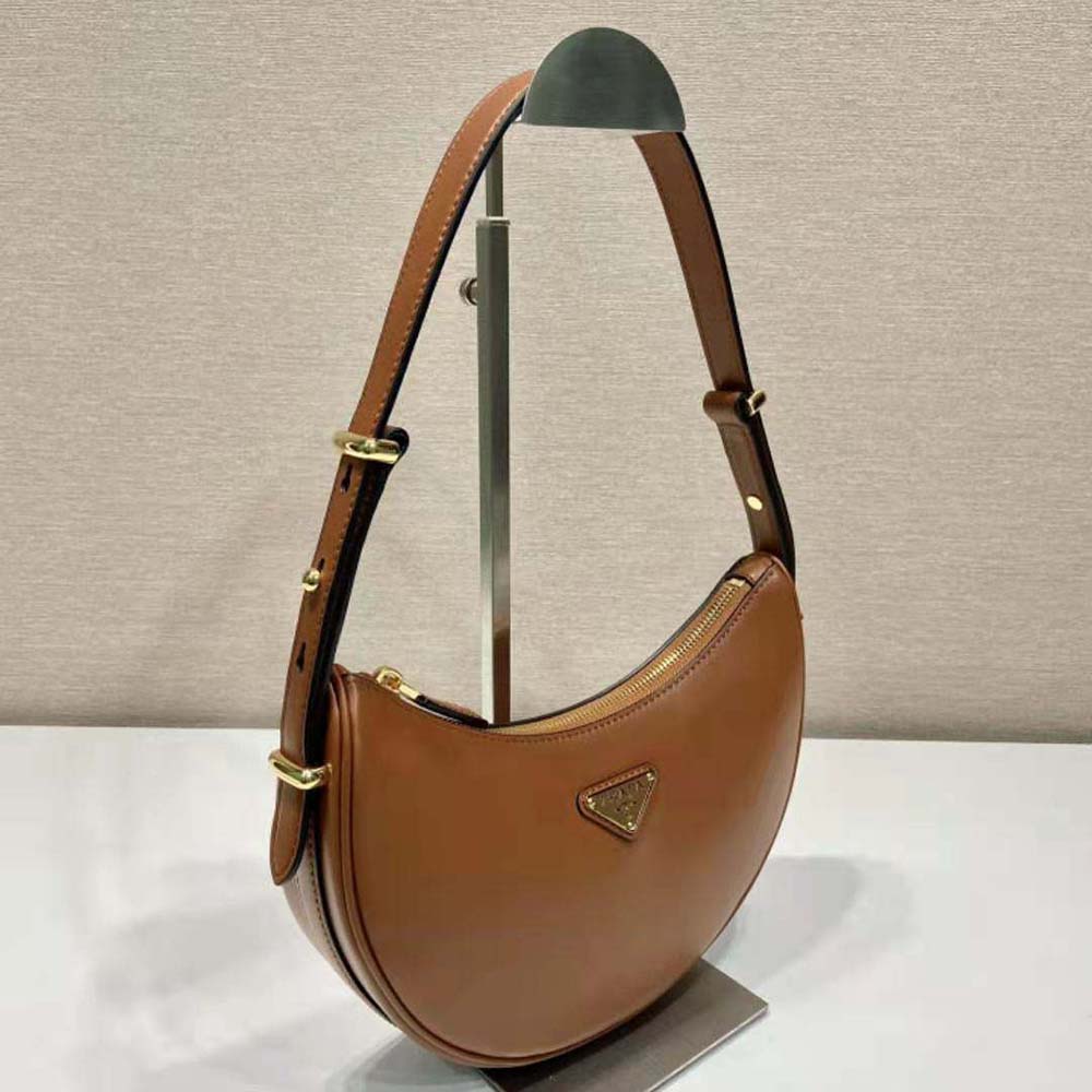 Prada Women Leather Shoulder Bag with Enameled Metal Triangle Logo-Brown - image 4