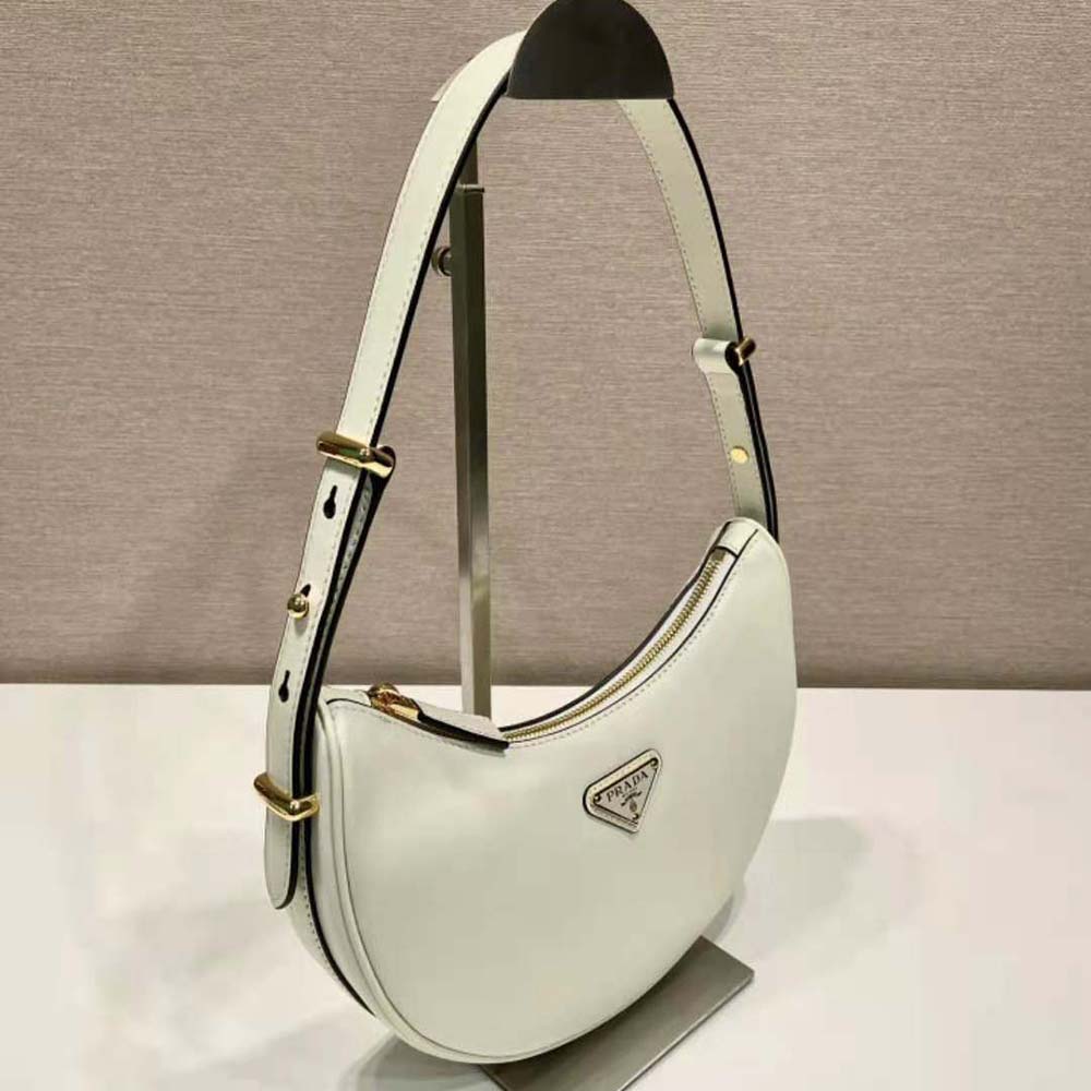 Prada Women Leather Shoulder Bag with Enameled Metal Triangle Logo-White - image 4