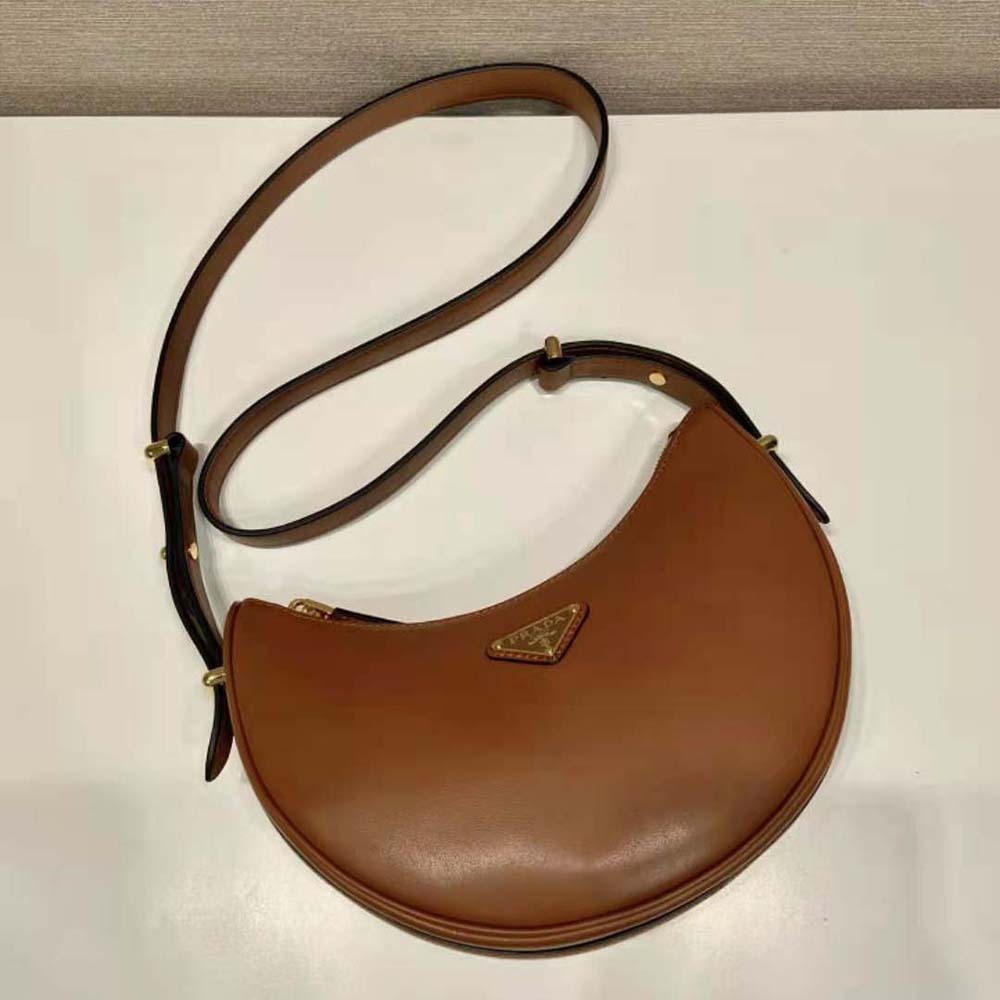 Prada Women Leather Shoulder Bag with Enameled Metal Triangle Logo-Brown - image 5