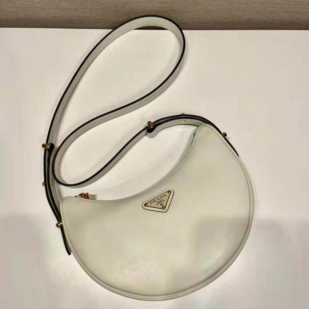 Prada Women Leather Shoulder Bag with Enameled Metal Triangle Logo-White - image 5