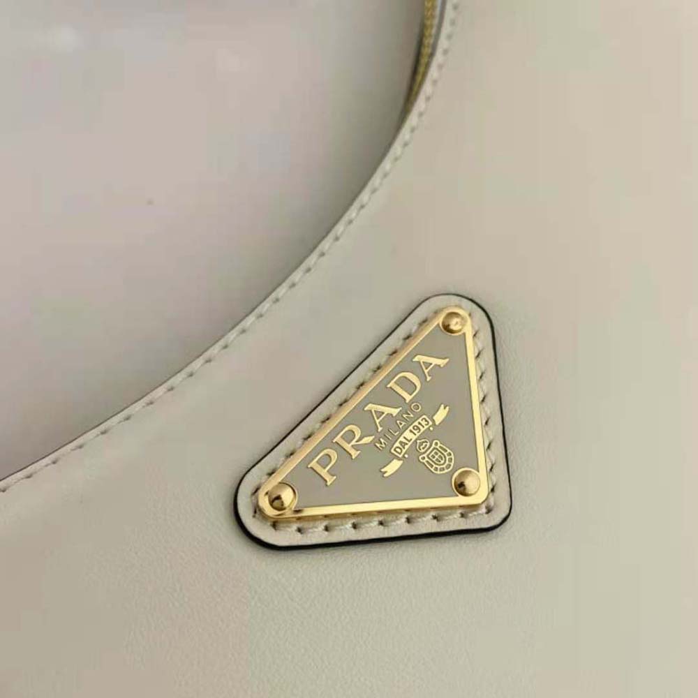 Prada Women Leather Shoulder Bag with Enameled Metal Triangle Logo-White - image 8