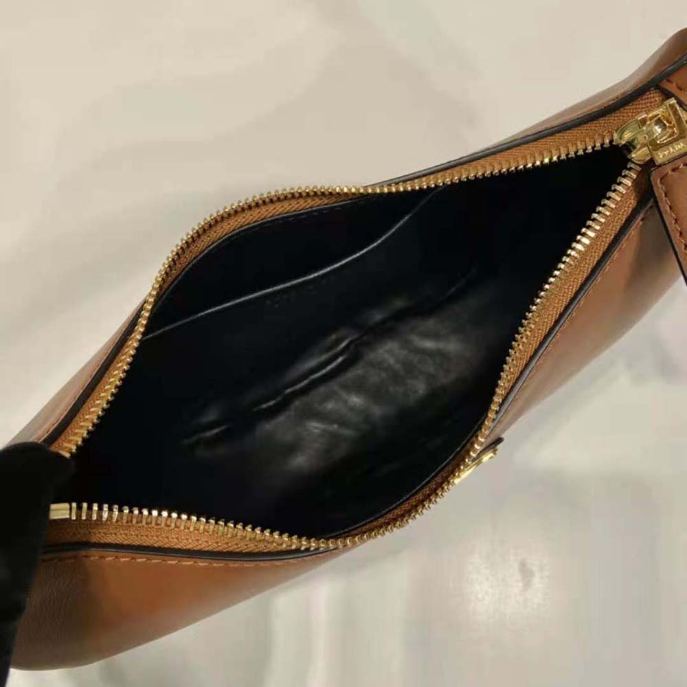 Prada Women Leather Shoulder Bag with Enameled Metal Triangle Logo-Brown - image 9