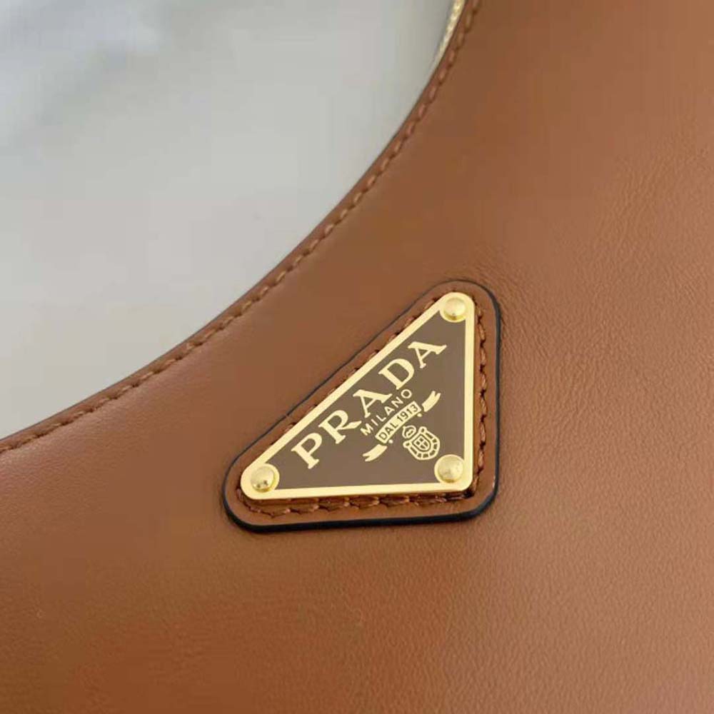 Prada Women Leather Shoulder Bag with Enameled Metal Triangle Logo-Brown - image 8