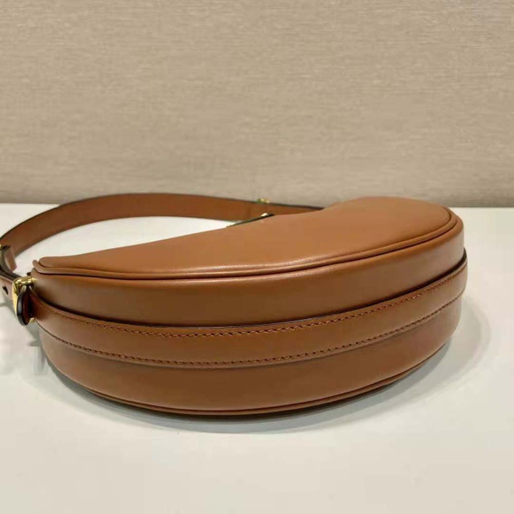 Prada Women Leather Shoulder Bag with Enameled Metal Triangle Logo-Brown - image 6