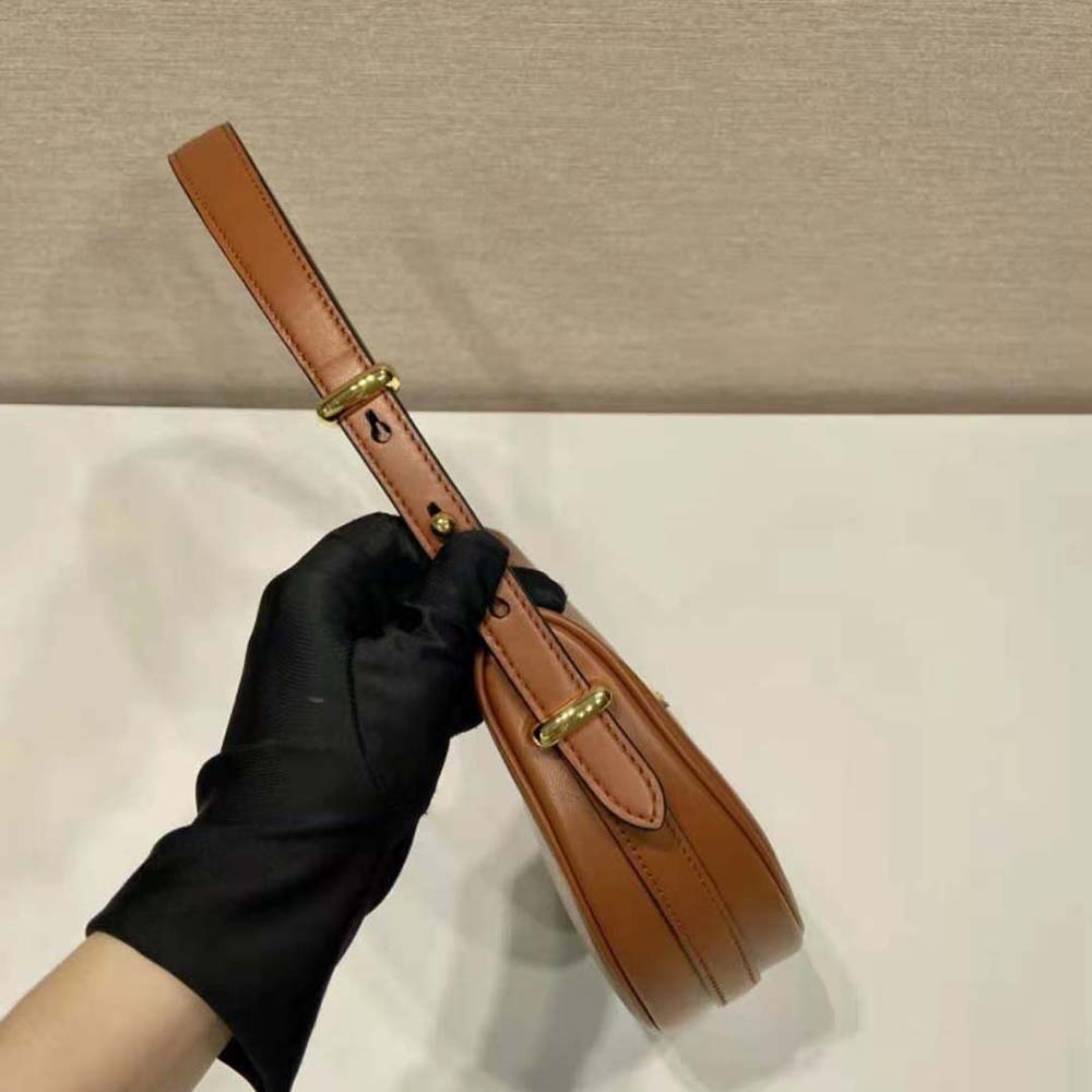 Prada Women Leather Shoulder Bag with Enameled Metal Triangle Logo-Brown - image 7