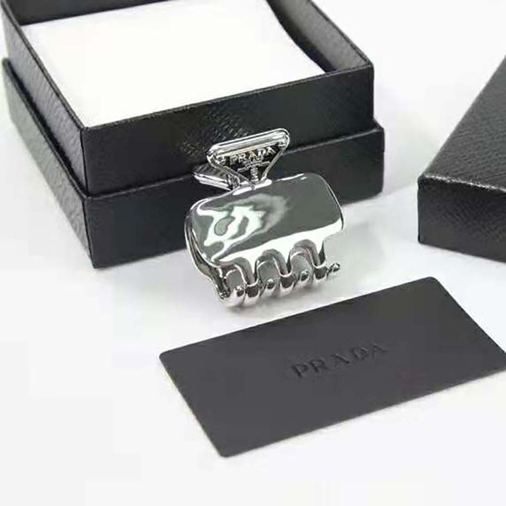 Side view showing clasp detail of Prada Women Metal Hair Clip silver