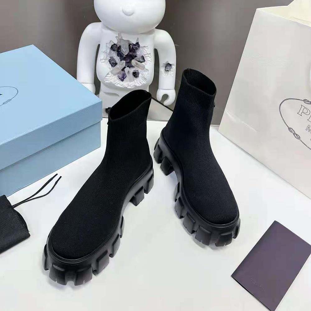 Prada Women Monolith Knit Booties with Embossed Rubber Triangle Logo - image 4