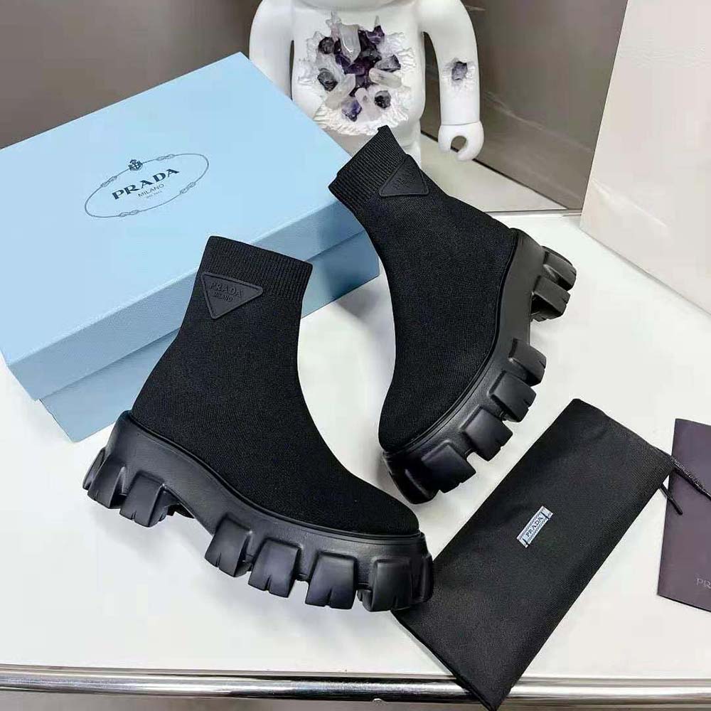 Prada Women Monolith Knit Booties with Embossed Rubber Triangle Logo - image 6