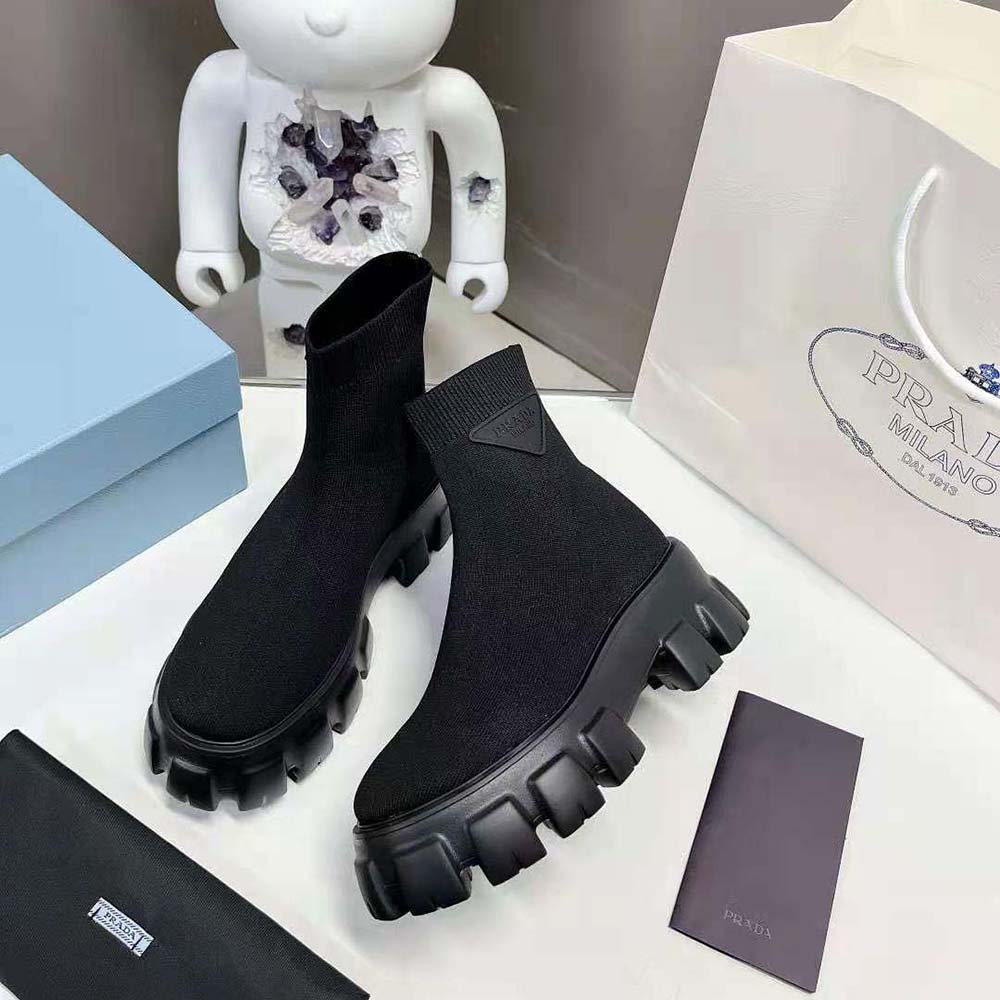 Prada Women Monolith Knit Booties with Embossed Rubber Triangle Logo - image 5