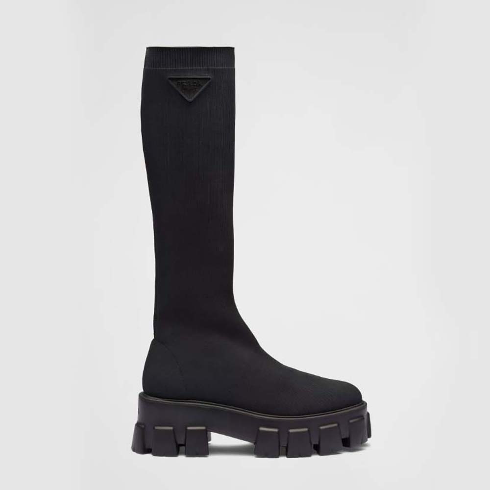 Side view of Prada Women Monolith Knit Boots with embossed logo