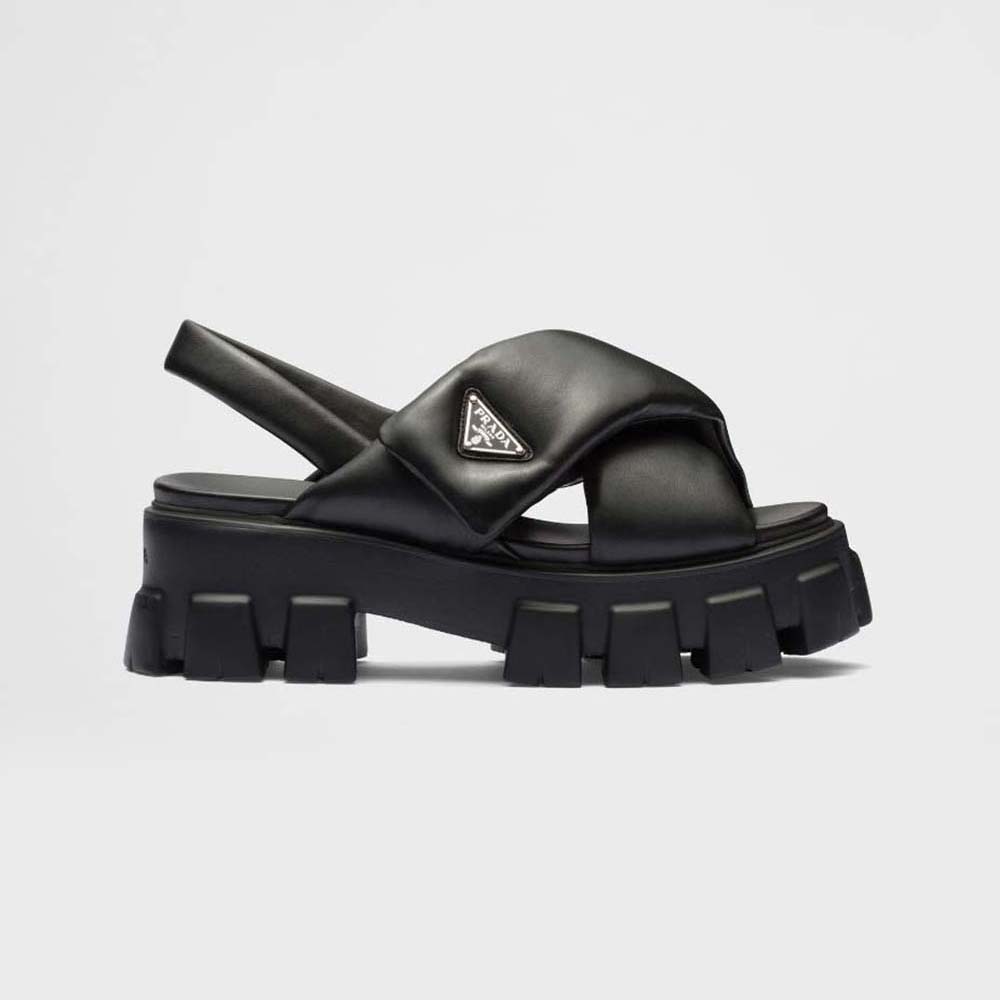 Side profile of Prada Women Monolith Padded Nappa Leather Sandals-Black showing padded straps