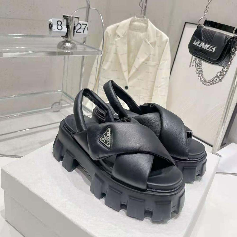 Top view of Prada Women Monolith Padded Nappa Leather Sandals-Black highlighting leather texture