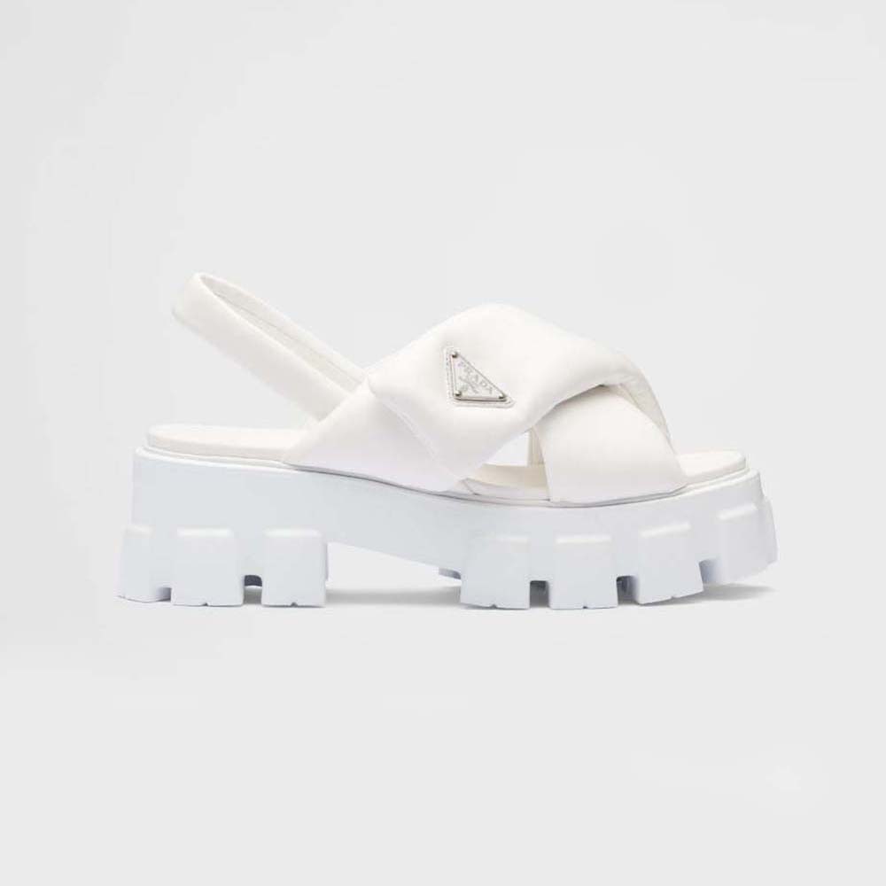 Side angle of Prada Women Monolith Padded Nappa Leather Sandals-White showing padded straps