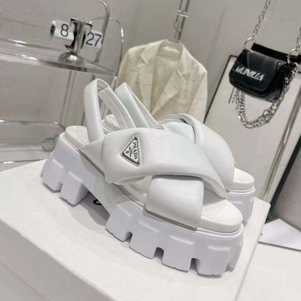 Top view of Prada Women Monolith Padded Nappa Leather Sandals-White highlighting white nappa leather