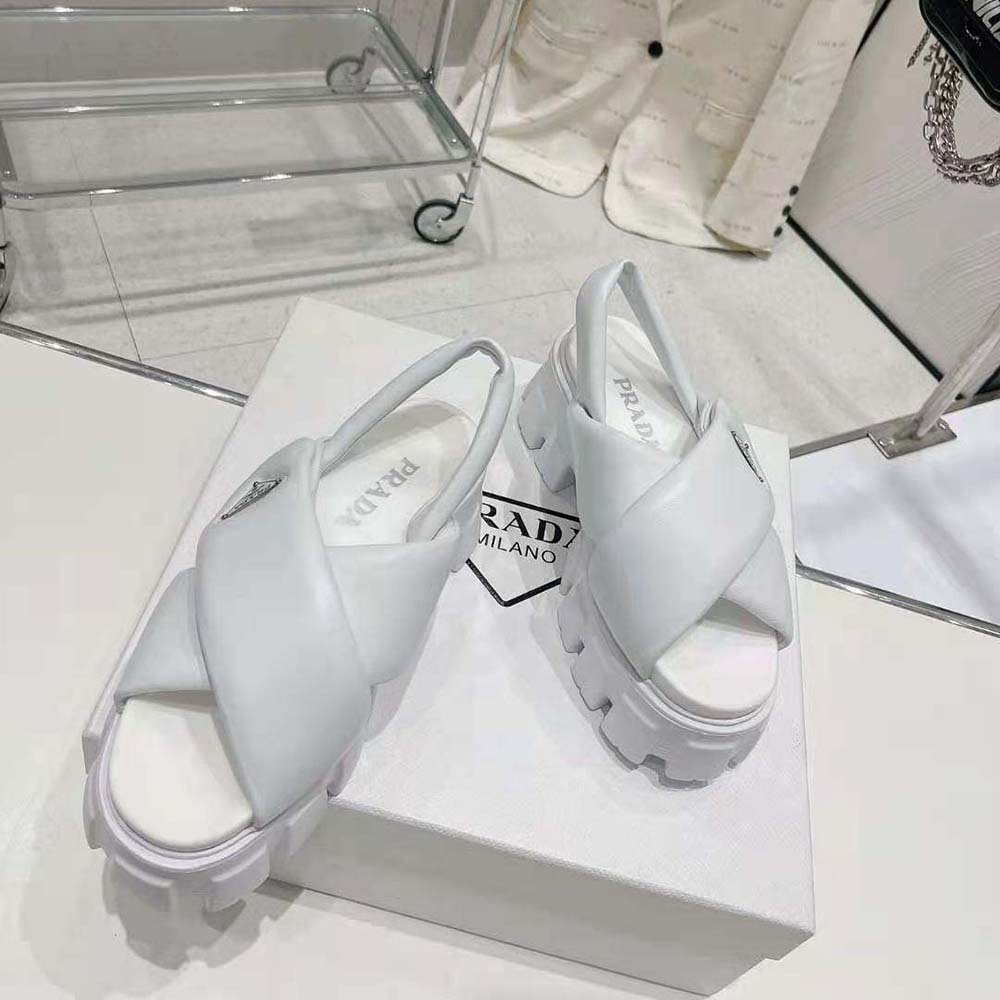Close-up of buckle and textured sole on Prada Women Monolith Padded Nappa Leather Sandals-White