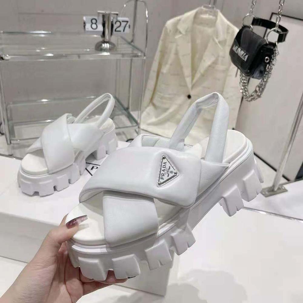 Prada Women Monolith Padded Nappa Leather Sandals-White - image 5