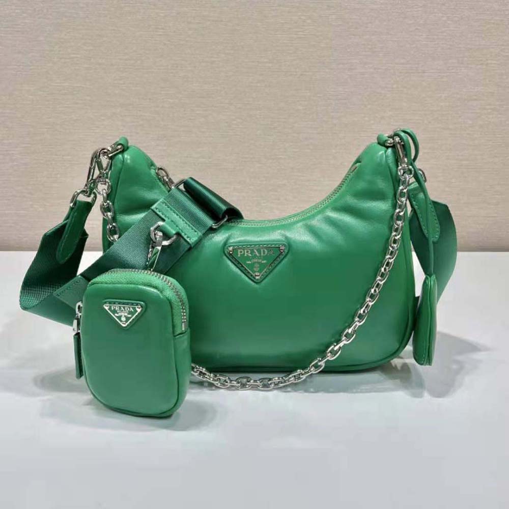 Close-up of silver-tone hardware on Prada Re-Edition 2005 shoulder bag green