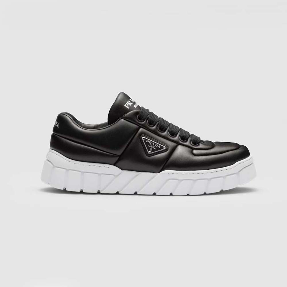 Side profile of Prada Women Padded Nappa Leather Sneakers-Black showing padded leather