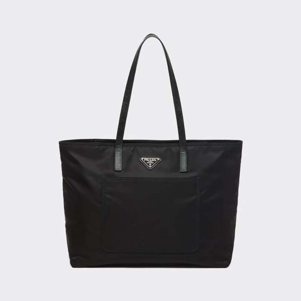 Front view of Prada Women Re-Nylon Tote Bag-Black with zip closure