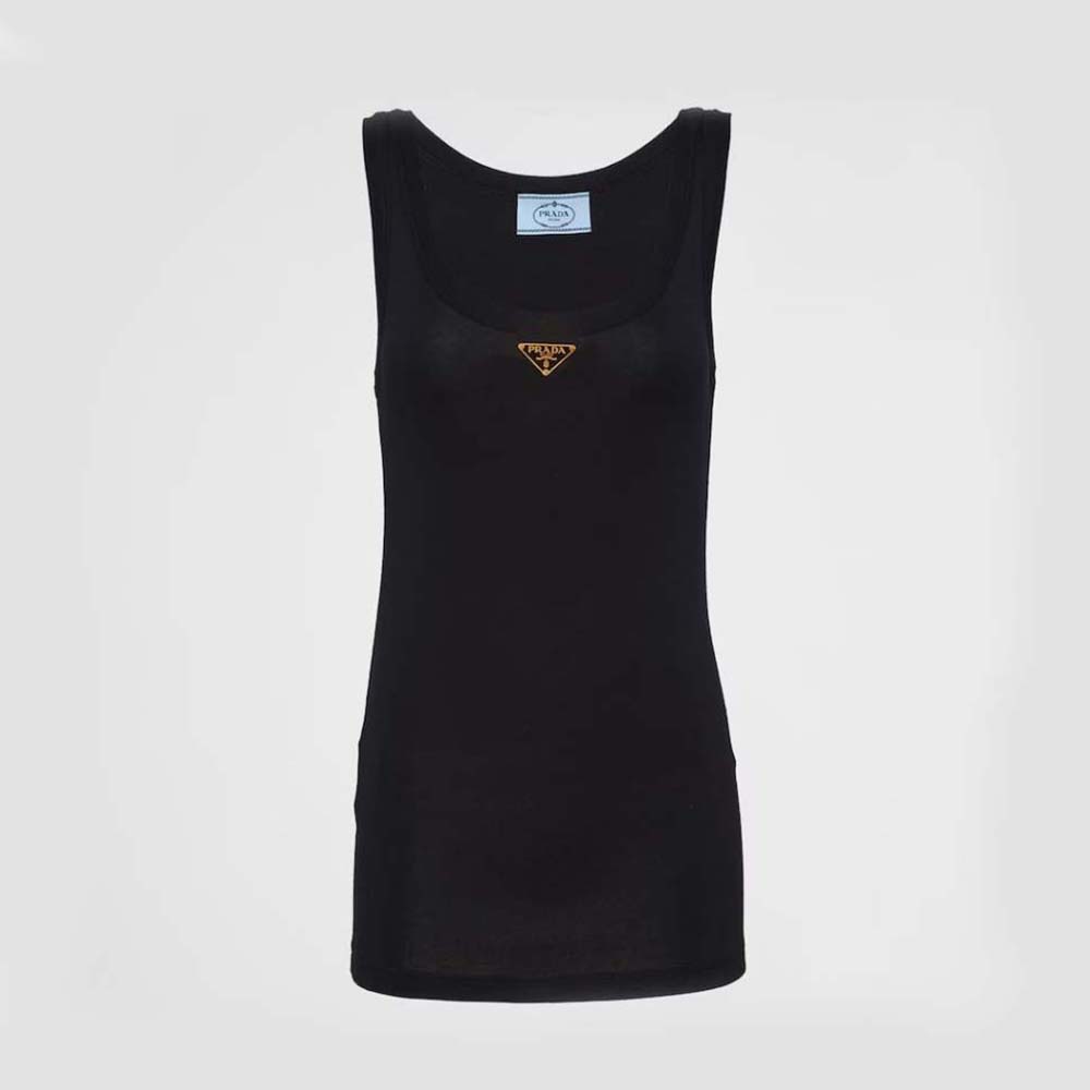 Front view of Prada Women Ribbed Knit Jersey Tank Top-Black on hanger