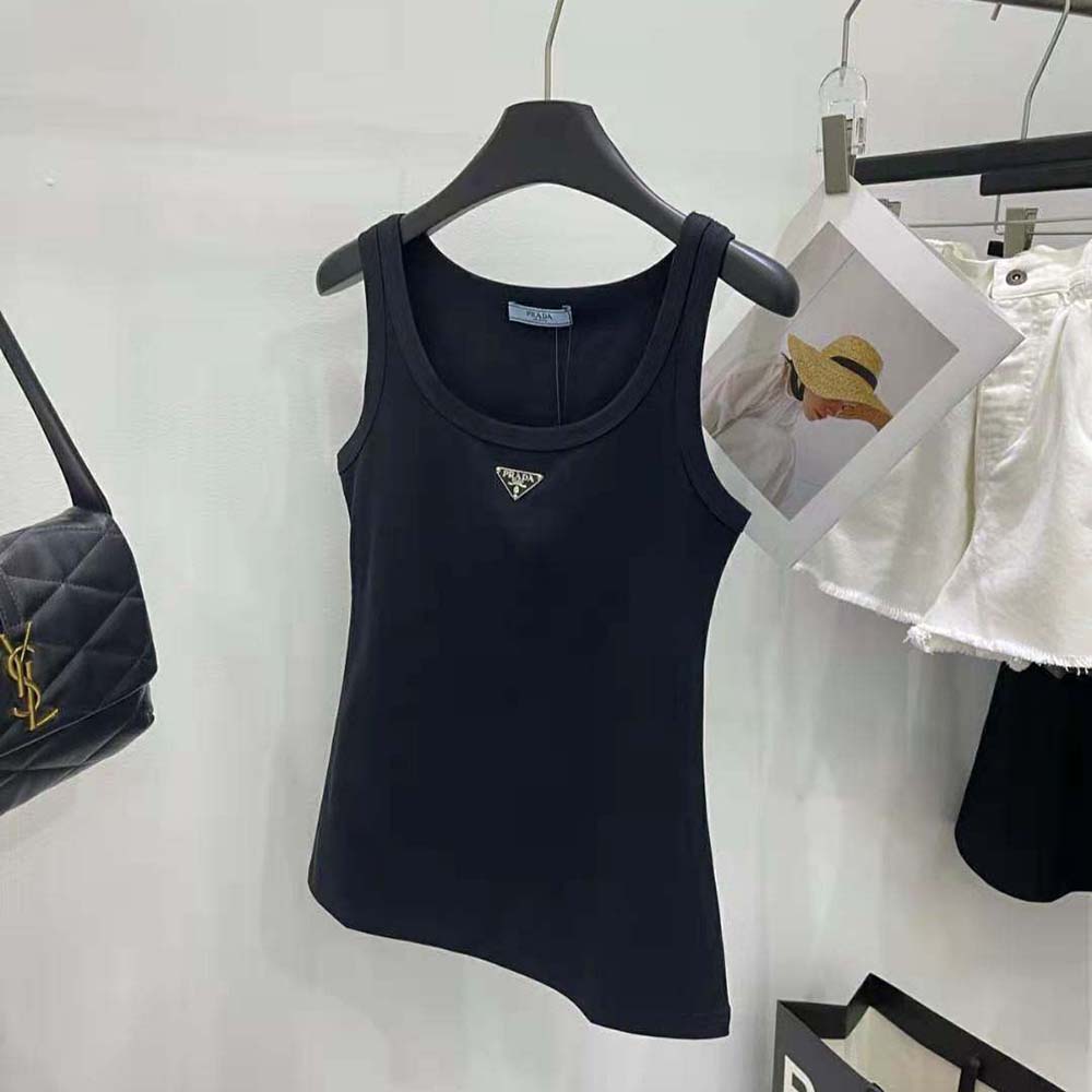 Close-up detail of ribbed knit fabric on Prada black tank top