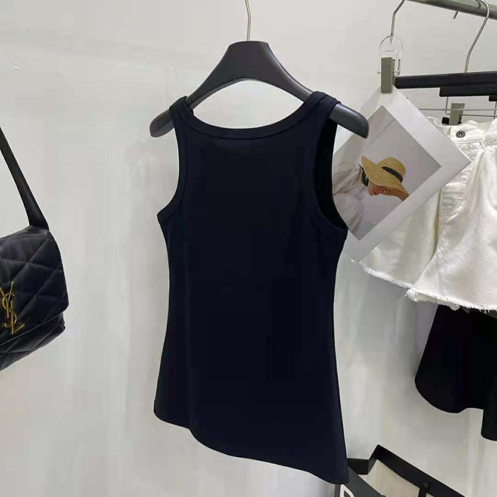 Side angle highlighting fit of Prada Women Ribbed Knit Jersey Tank Top-Black