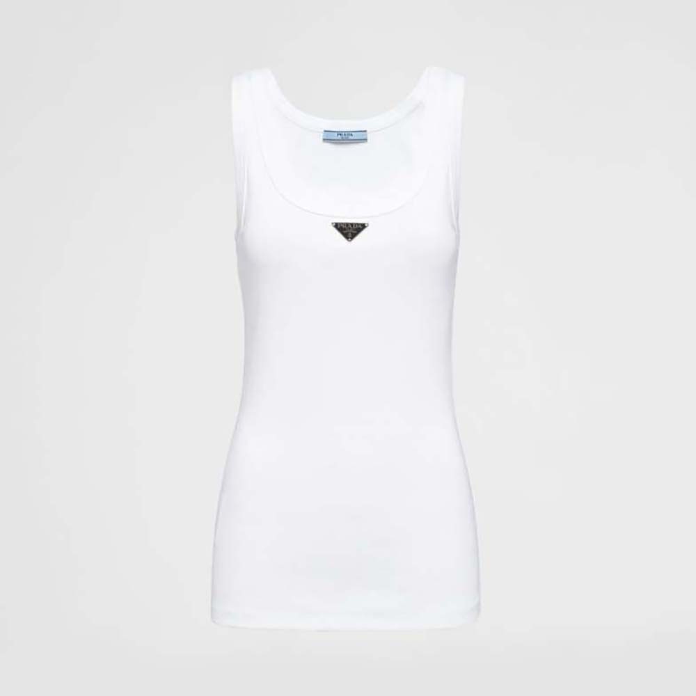 Front view of Prada Women Ribbed Knit Jersey Tank Top-White on mannequin