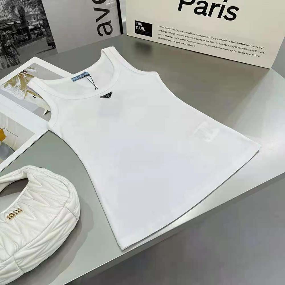 Close-up of ribbed knit fabric detail on Prada Women Ribbed Knit Jersey Tank Top-White
