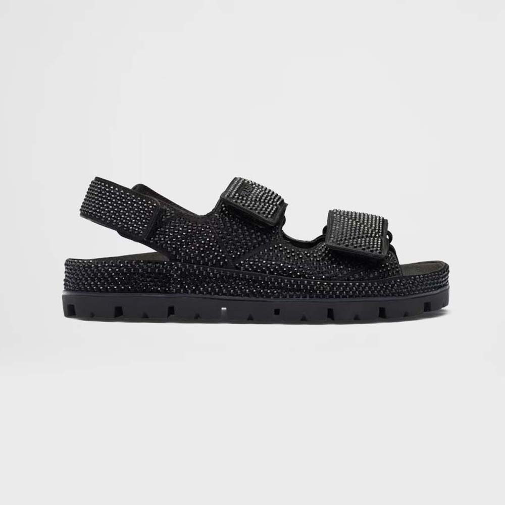 Front view of Prada Women Satin Sandals with Crystals-Black