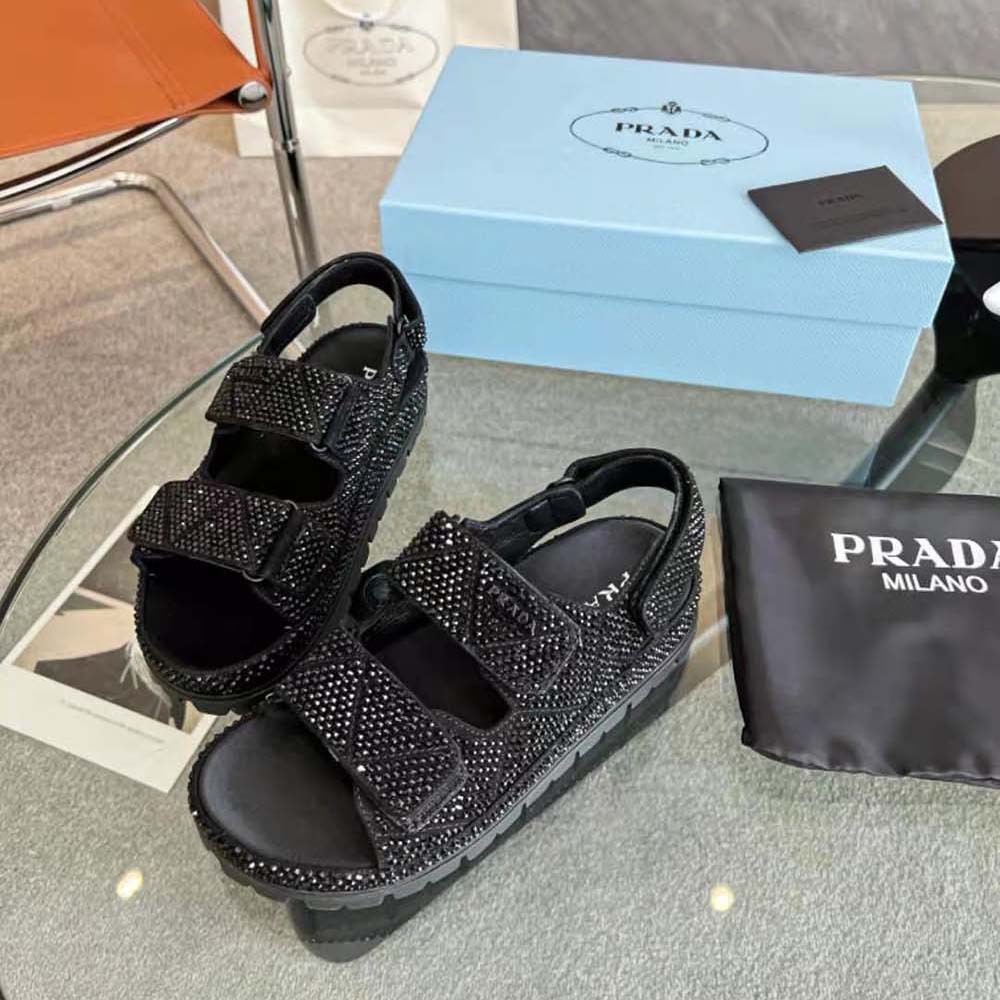 Prada Women Satin Sandals with Crystals-Black - image 5