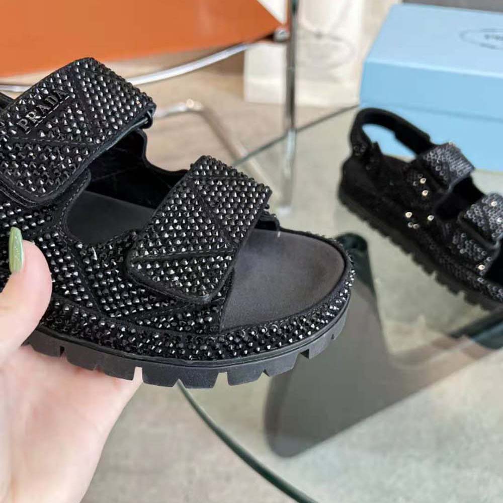 Prada Women Satin Sandals with Crystals-Black - image 8