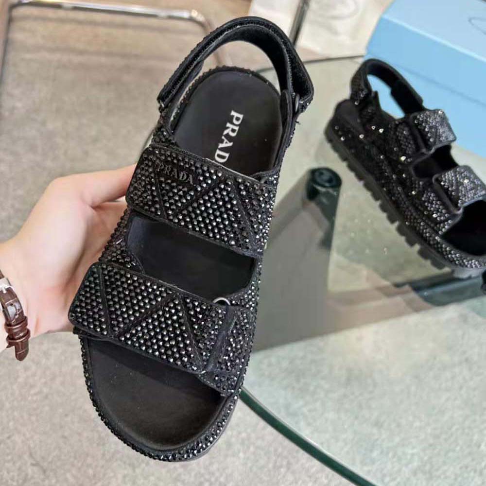 Prada Women Satin Sandals with Crystals-Black - image 7