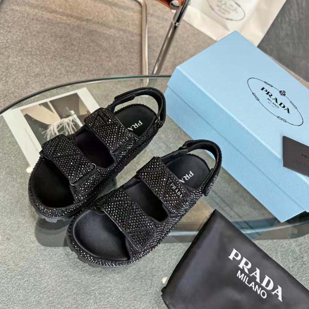 Prada Women Satin Sandals with Crystals-Black - image 4