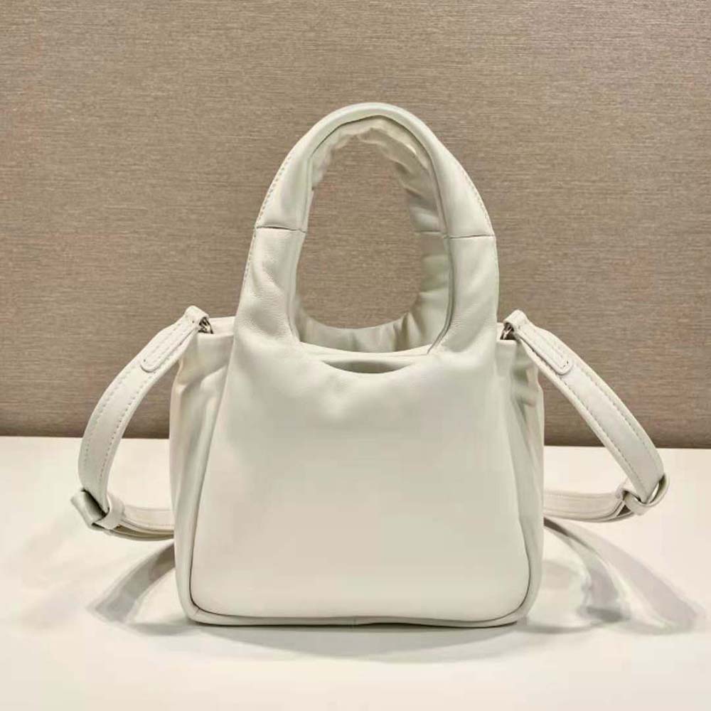 Side angle showing padded texture on Prada Women Small Padded Prada Soft Nappa-Leather Bag-White
