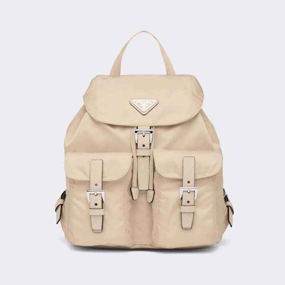 Front view of Prada Women Small Re-Nylon Backpack-Beige with zip detail