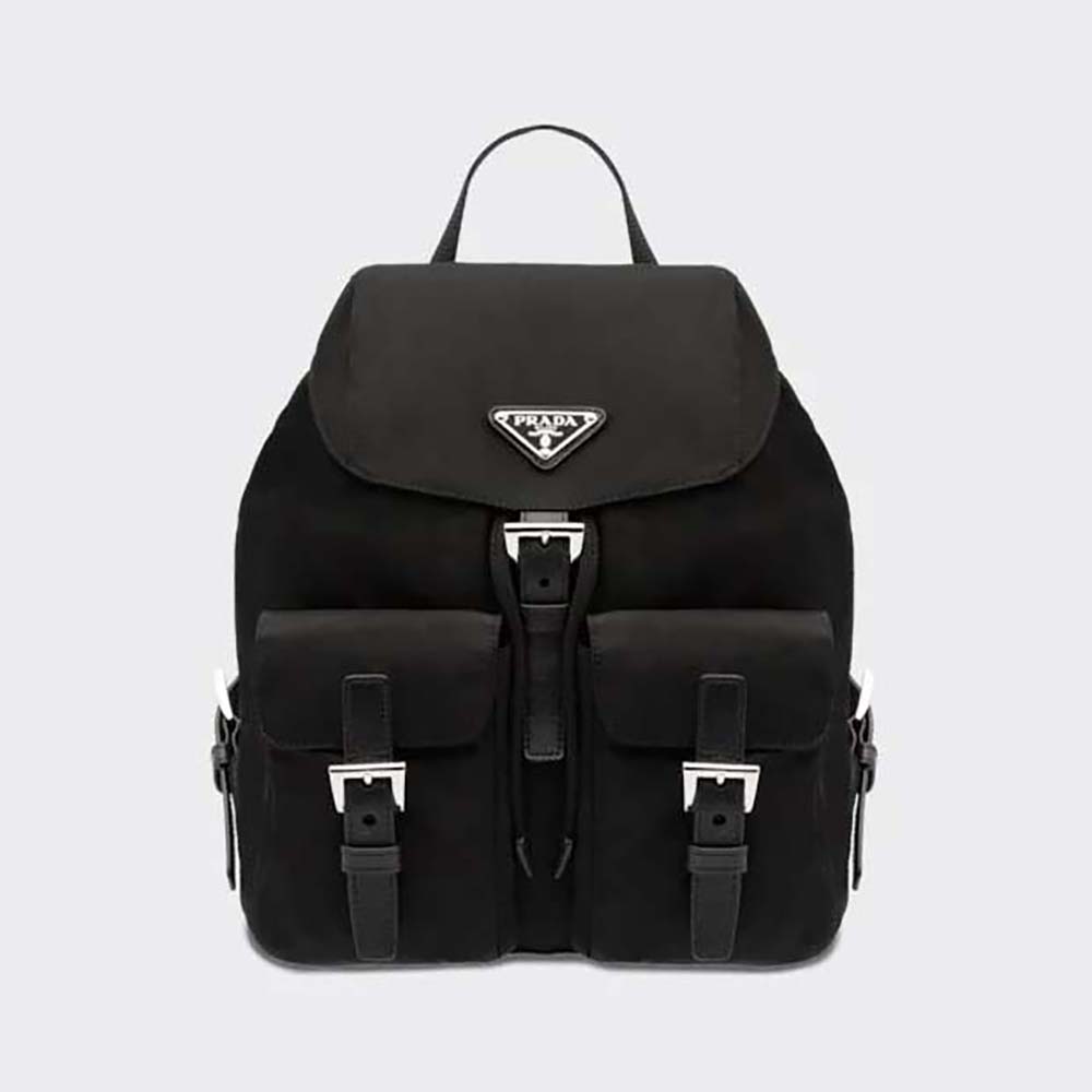 Front view of Prada Women Small Re-Nylon Backpack-Black showing logo