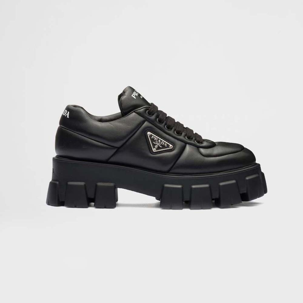 Side profile of Prada Women Soft Padded Nappa Leather Lace-up Shoes-Black