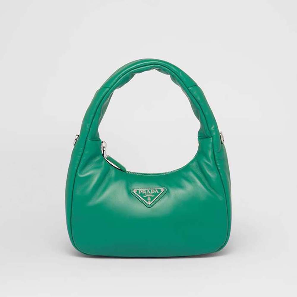 Front view of Prada Women Soft Padded Nappa Leather Mini-Bag-Green showing flap closure
