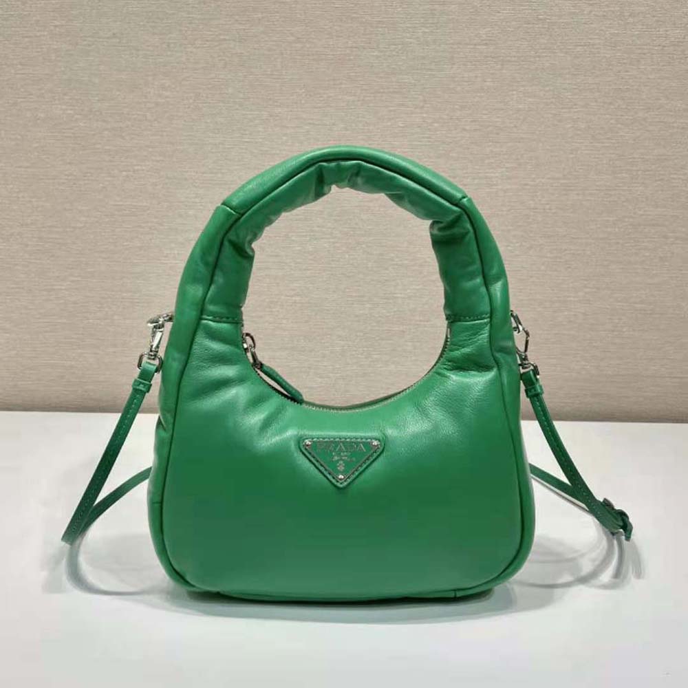 Close-up of green nappa leather texture on Prada Women Soft Padded Mini-Bag