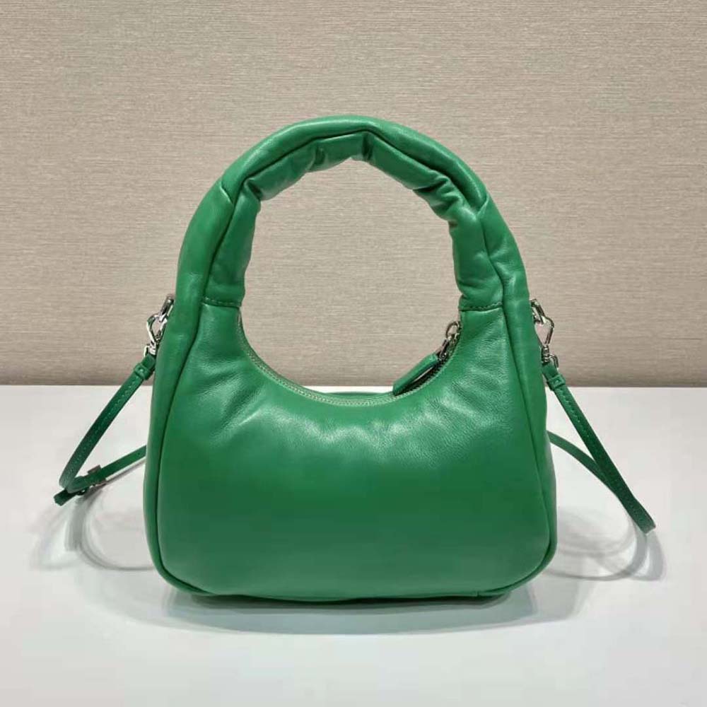 Side angle showcasing silver hardware on Prada Women Soft Padded Nappa Leather Mini-Bag-Green