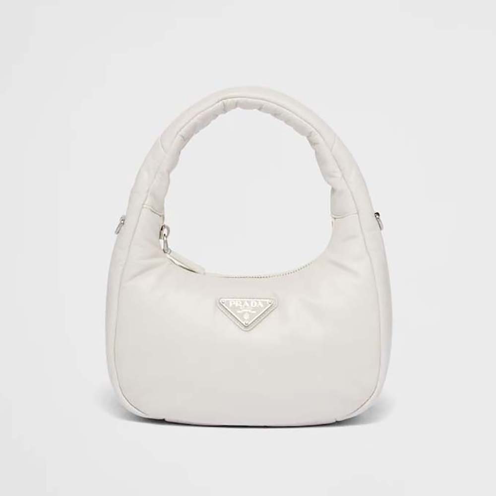 Front angle of Prada Women Soft Padded Nappa Leather Mini-Bag White showing flap
