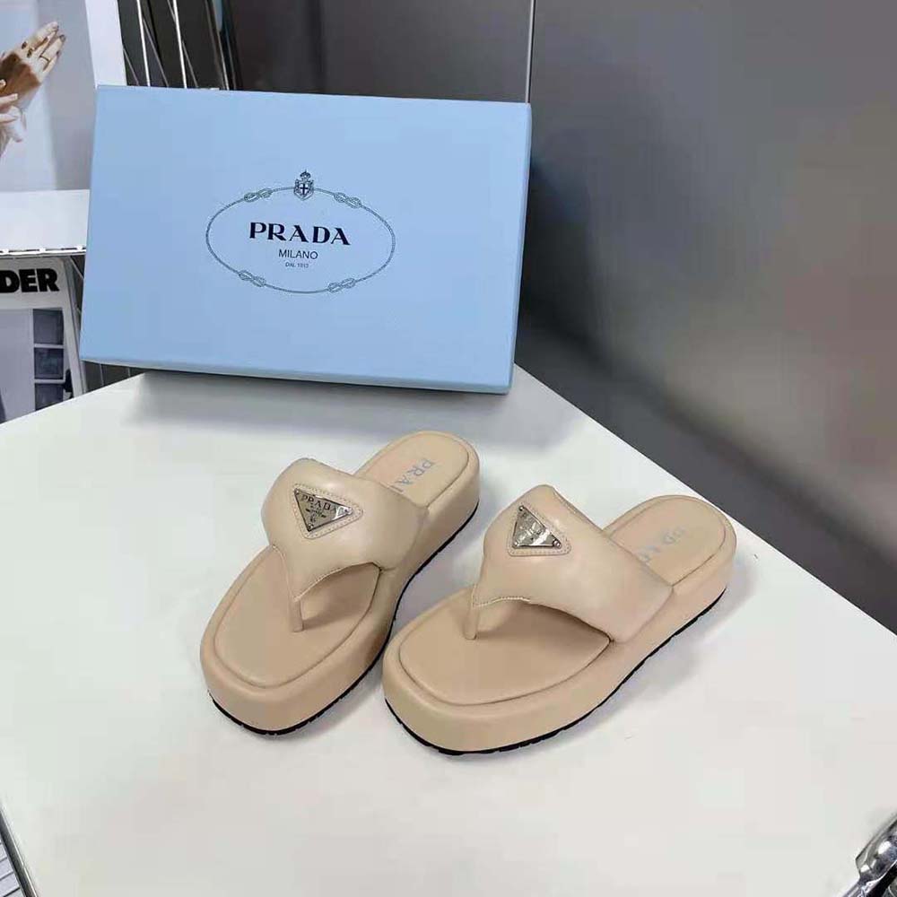 Prada Women Soft Padded Nappa Leather Thong Wedge Sandals - image 4