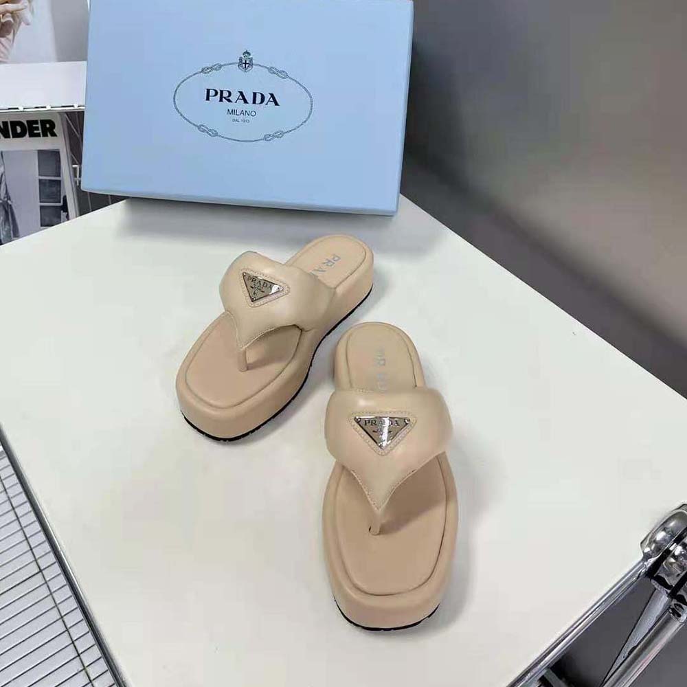 Prada Women Soft Padded Nappa Leather Thong Wedge Sandals - image 5