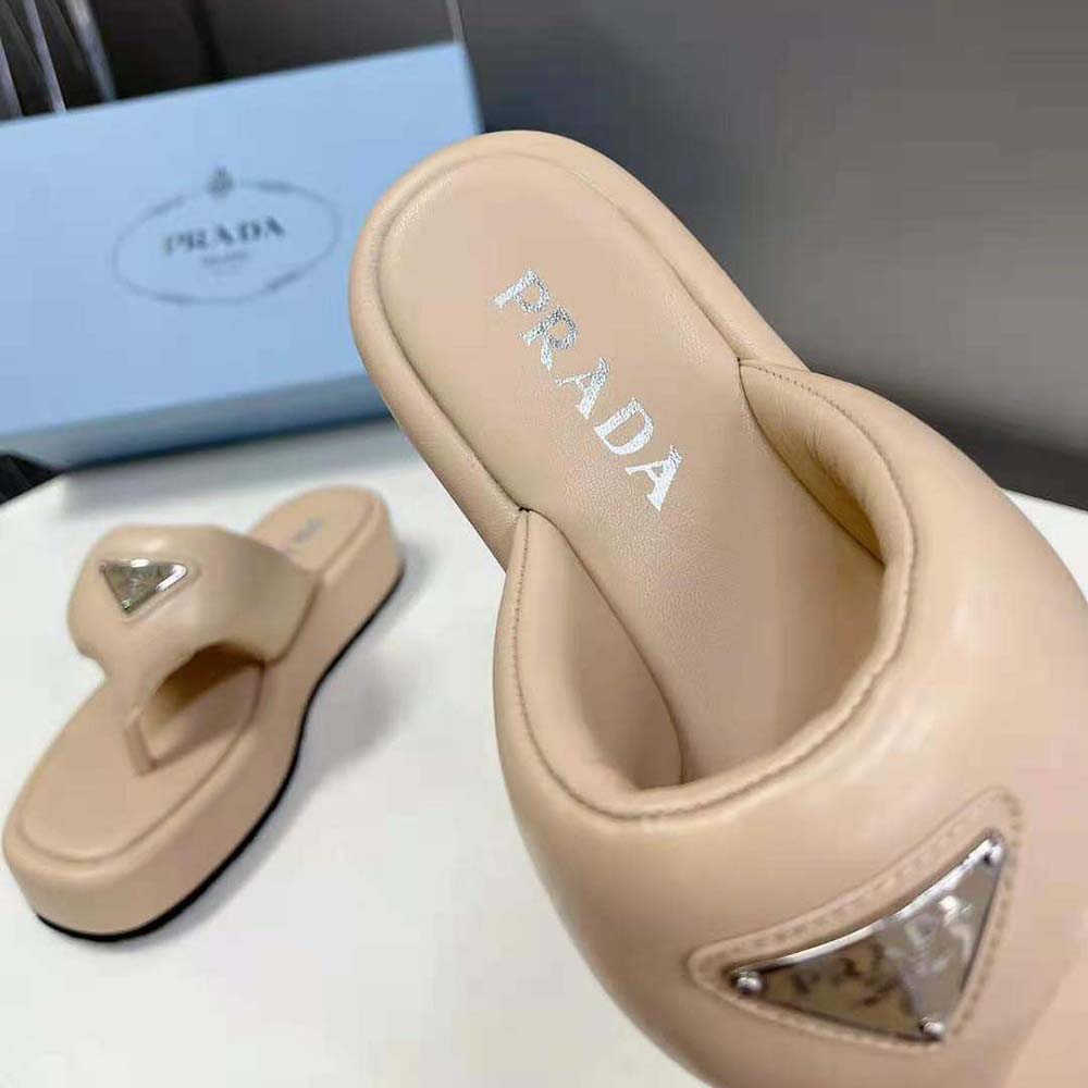 Prada Women Soft Padded Nappa Leather Thong Wedge Sandals - image 8